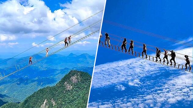 370 Meter in die Tiefe: Touristen klammern sich an steile Felstreppe im Osten Chinas
