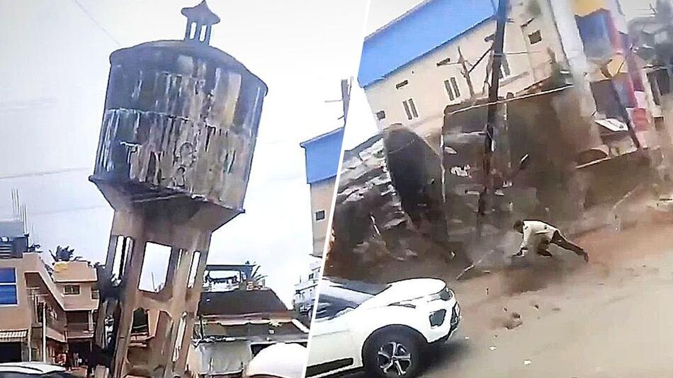 Trümmer verfehlen haarscharf Passanten: Wasserturm bricht plötzlich ein
