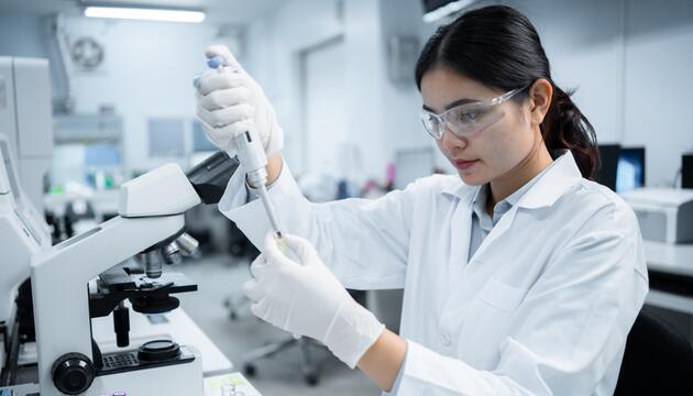 Eine Fachkraft für Medizintechnik schaut durch ein Mikroskop in einem Krankenhauslabor.