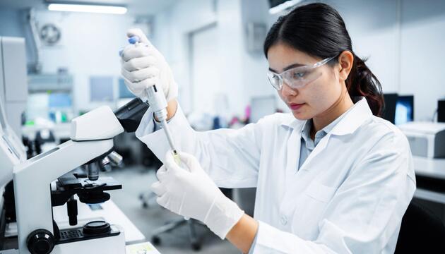 Eine Fachkraft für Medizintechnik schaut durch ein Mikroskop in einem Krankenhauslabor.