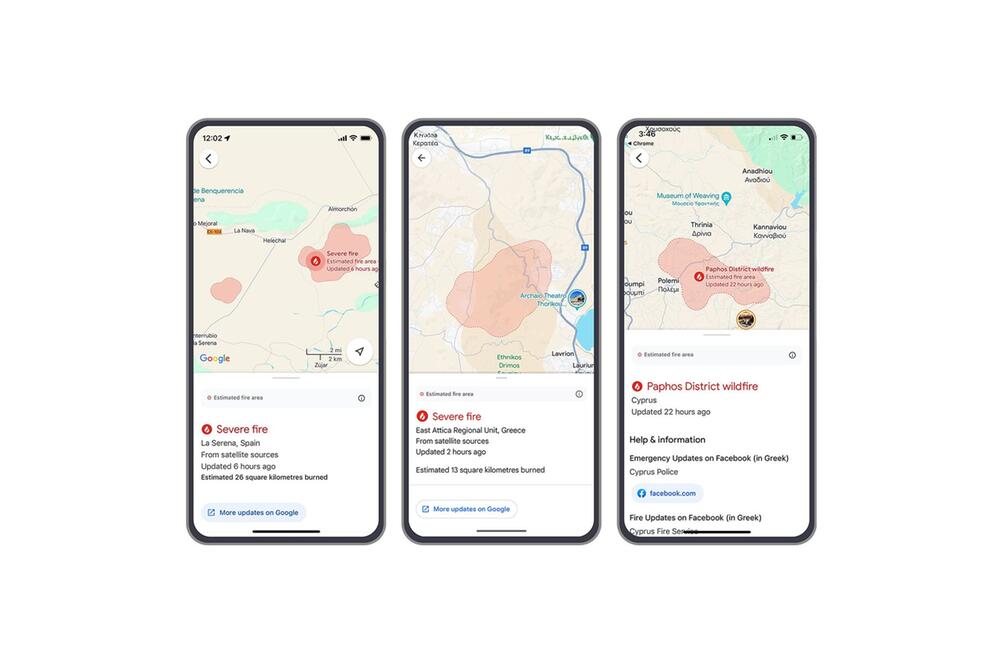 Screenshots: Google Maps warnt vor Waldbränden