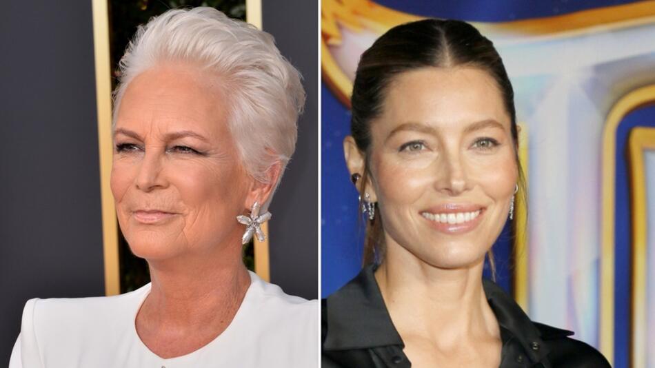 Jamie Lee Curtis (li.) und Jessica Biel zeigten sich bei Instagram mit Sonnenfinsternis-Brillen.