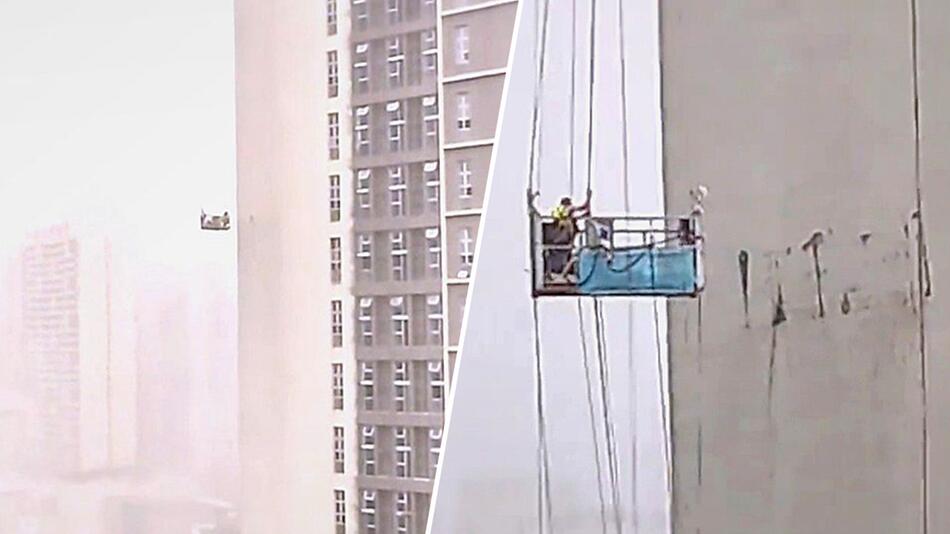 Arbeitsbühne herumgeschleudert: Fensterputzer in China geraten in heftigen Sturm