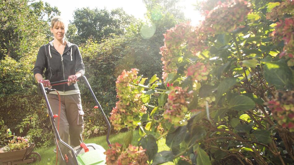 Frau mäht den Rasen im Garten