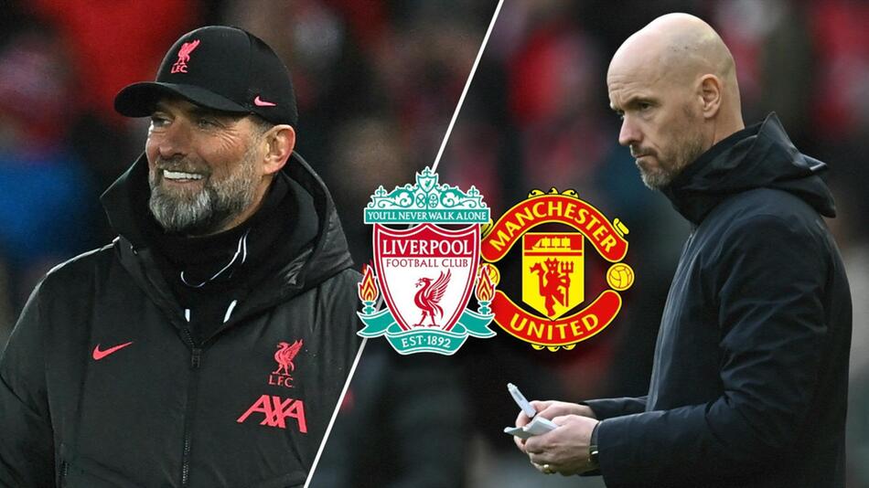 Liverpools Cheftrainer Jürgen Klopp und Manchester Uniteds Cheftrainer Erik ten Hag