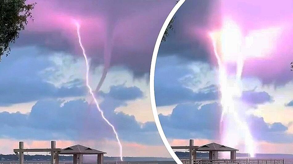 Spektakuläre Wasserhose: Wirbelwind und Blitze bilden gewaltiges X am Himmel