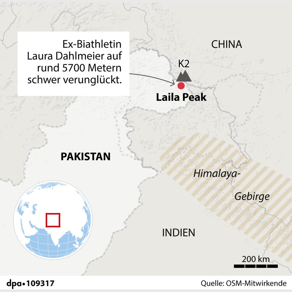 Grafik-Karte: Verortung des Absturzortes von Laura Dahlmeier am Laila Peak