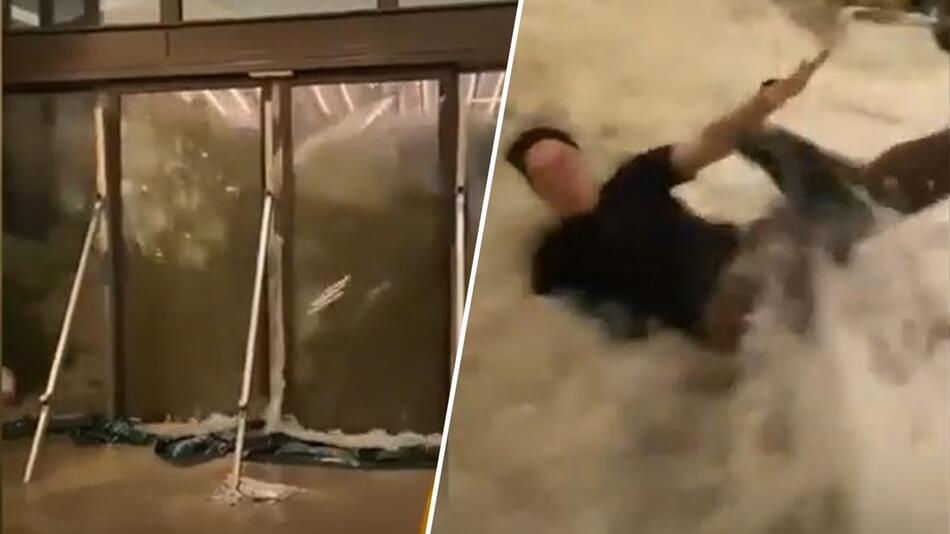 Riesenwellen: Hotellobby in Hongkong bei Supertaifun überflutet