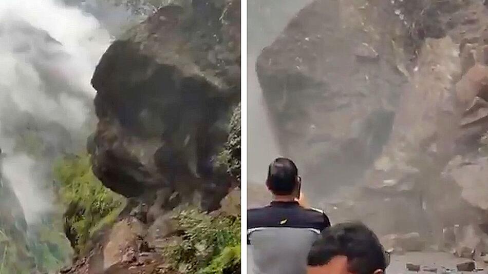 Gigant setzt sich in Bewegung: Felsbrocken blockiert Strasse nach Erdrutsch in Indien