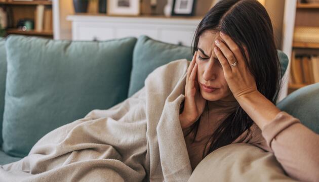 Frau liegt mit Kopfschmerzen auf dem Sofa
