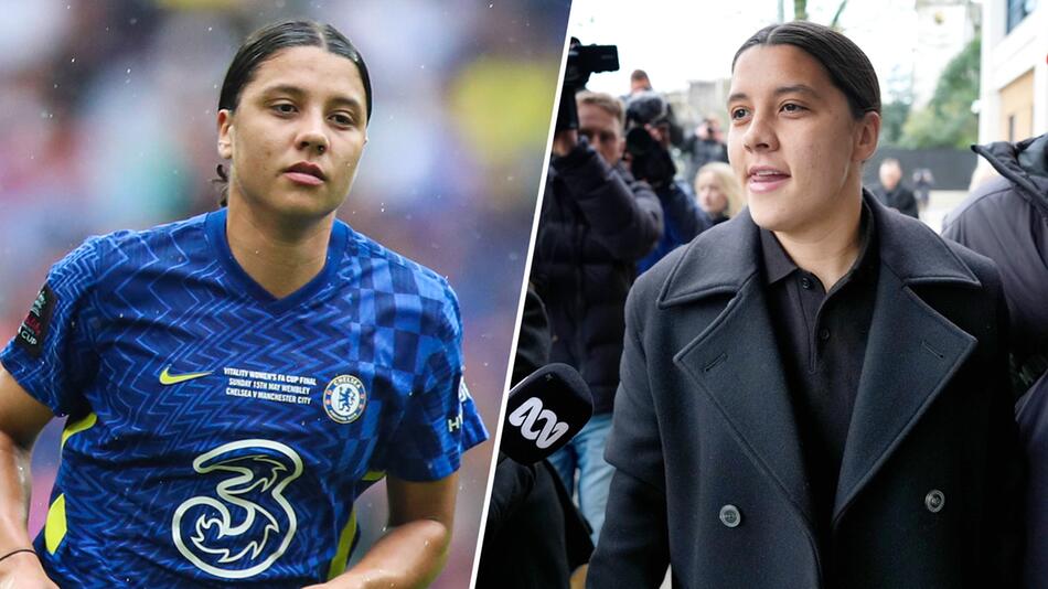 Chelsea-Stürmerin Sam Kerr auf dem Fussballfeld (links) und vor Gericht (rechts)