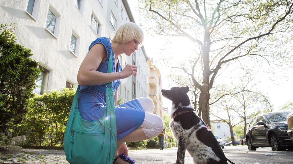 Frau trainiert bei einem Spaziergang mit ihrem Hund Kommandos