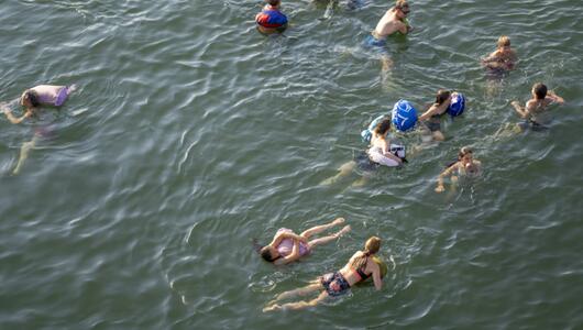 Menschen schwimmen im Rhein bei Basel