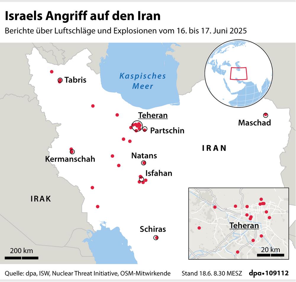 Grafik-Karte "Angegriffene Ziele im Iran (Aktualisierung)"