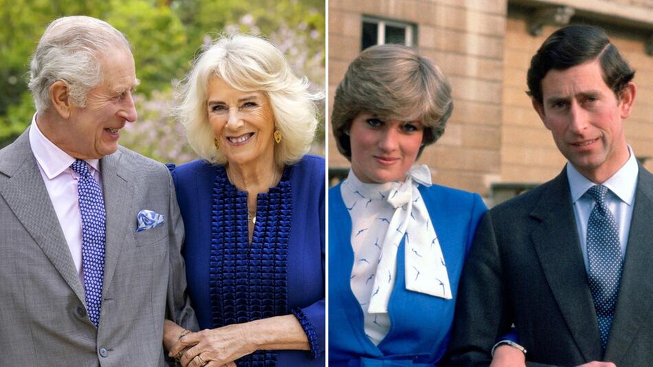 Charles heute mit Camilla (l.) und in den 1980er Jahren mit Diana.