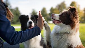 Border Collie gibt seiner Besitzerin "High Five" mit der Pfote