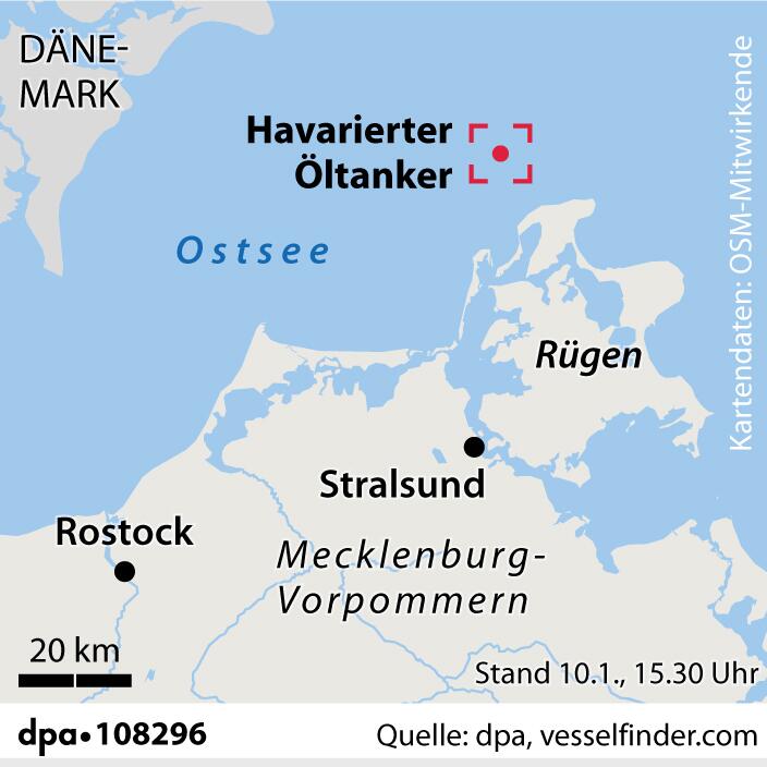 Grafik-Karte: "Position des havarierten Öltankers vor Rügen"