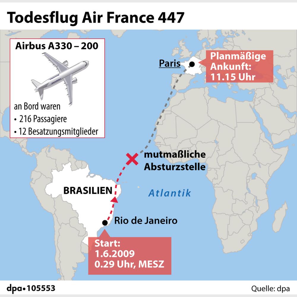 Grafik-Karte: "Todesflug Air France 447: Route und vermutete Absturzstelle"