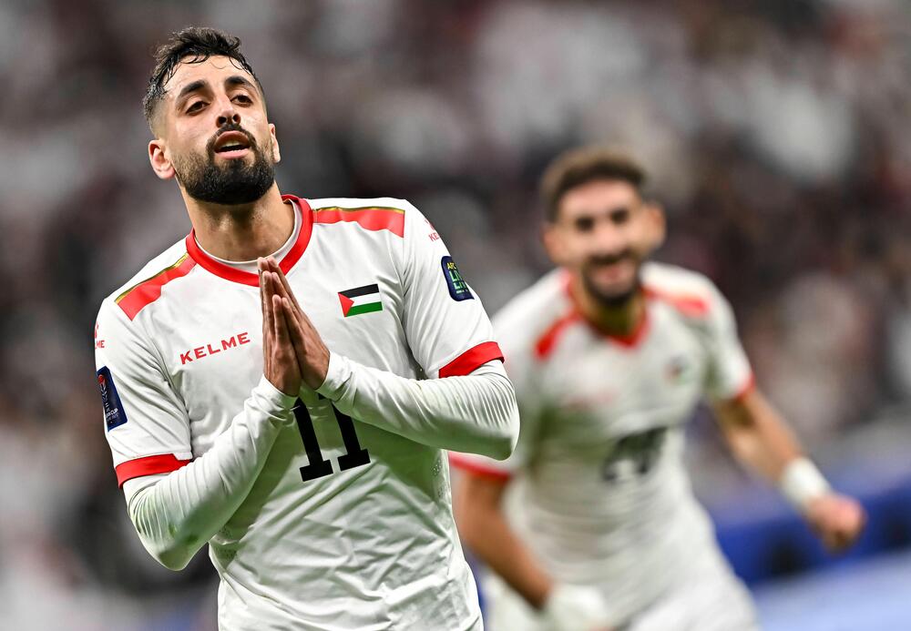 Oday Dabbagh im Januar 2024 beim Torjubel für die palästinensische Nationalmannschaft.