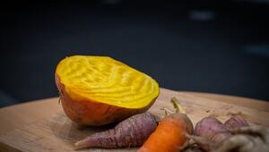 Gelbe Rote Bete neben einer Karotte und einer Mairübe