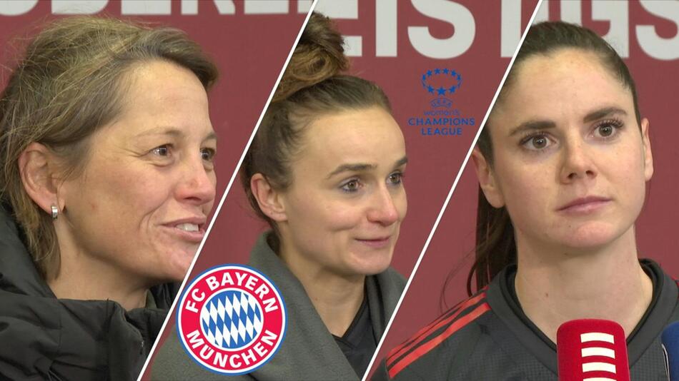 Bianca Rech, Lisa Magull und Sarah Zadrazil feiern den Sieg des FC Bayern über den FC Barcelona