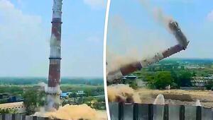 Kontrollierter Fall: Historischer Schornstein in Indien spektakulär gesprengt