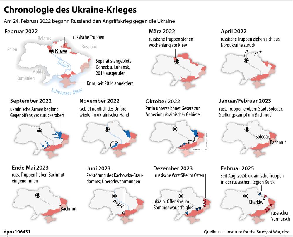 Grafik: "Chronologie des Ukrainekriegs, Kartenminiaturen"