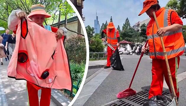 Kühlung to go: Strassenreiniger in Nanjing trotzen der Hitze mit Ventilator-Westen