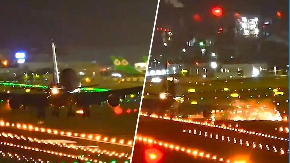 Funkenflug bei Taifun-Landung: Boeing-Frachter streift Landebahn mit Tragfläche