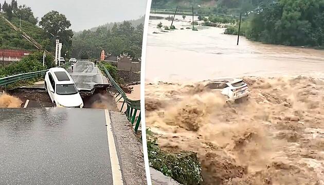 Heftige Regenfälle in Zentralchina: Auto stürzt von beschädigter Brücke ins Hochwasser