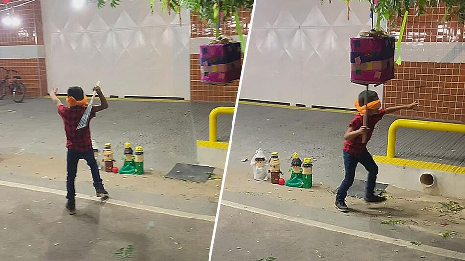 Endgegner Piñata: Junge hat mit verbundenen Augen schwer zu kämpfen
