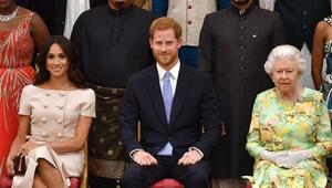 Queen Elizabeth II., Prinz Harry und Herzogin Meghan (v.r.n.l.) im Jahr 2018.