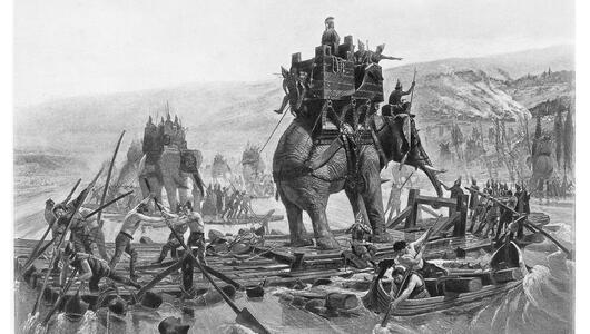 Zeichnung von Hannibal und seinen Elefanten.