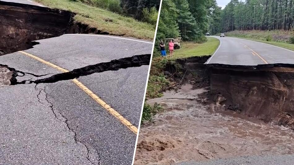 USA: Fluten reissen Landstrasse in ihrer kompletten Breite weg