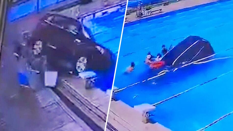 Auto stürzt in Schwimmbecken: Frau und Kind im Freibad gerettet