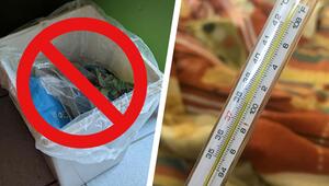 Links ein Mülleimer mit Plastikmüll und einem roten Verbotssymbol darüber, rechts ein ...