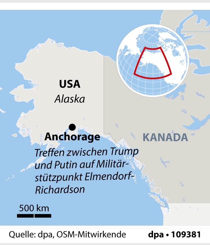 Grafik-Karte: "Treffen zwischen Trump und Putin in Anchorage (Alaska)"