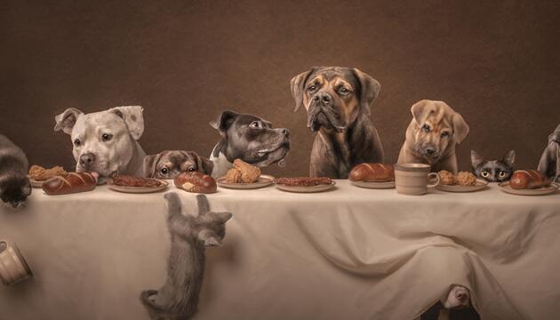 Eine moderne Neuinterpretation des "Letzten Abendmahls": Hunde und Katzen an einer gedeckten Tafel