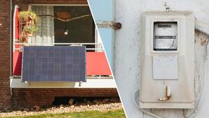 Links ein Balkon mit einem montierten Solarpanel und Pflanzen, rechts ein alter, verrosteter ...