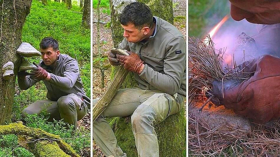 Nur mit einem Pilz: Mann macht Feuer wie in der Steinzeit