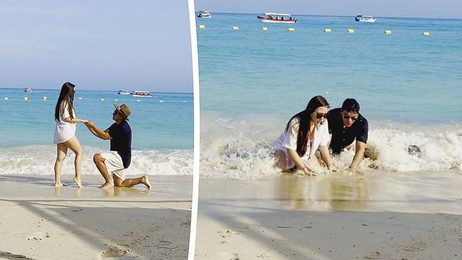 Heiratsantrag am Strand nachgestellt – Paar erlebt Beinahe-Katastrophe