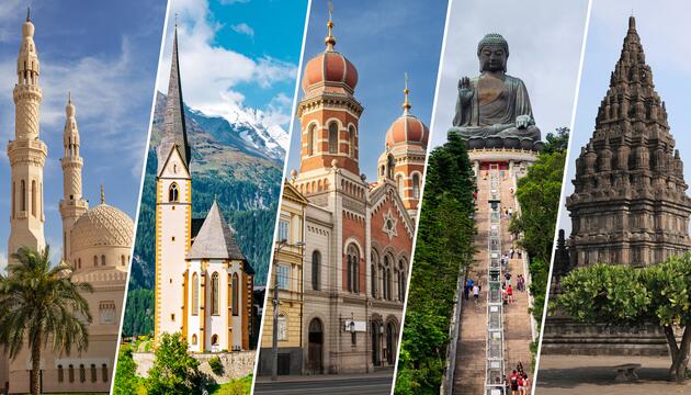 Die fünf Weltreligionen und ihre Gotteshäuser beziehungsweise Tempel