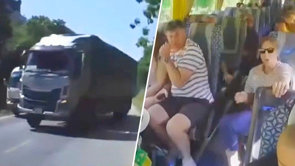 Frontalzusammenstoss mit Lkw verhindert: Touristen in Bus bedanken sich bei Fahrer