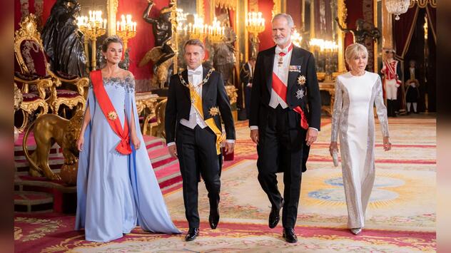 Königin Letizia, Emmanuel Macron, König Felipe und Brigitte Macron (v.l.) beim Staatsbankett in ...