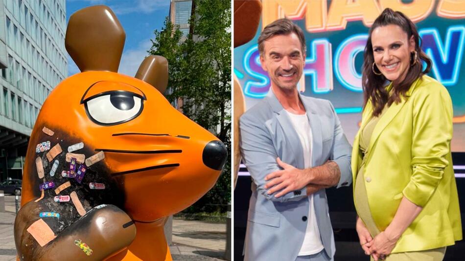 Die verletzte Maus mit Pflastern vor dem WDR-Gebäude - und Florian Silbereisen mit Esther ...
