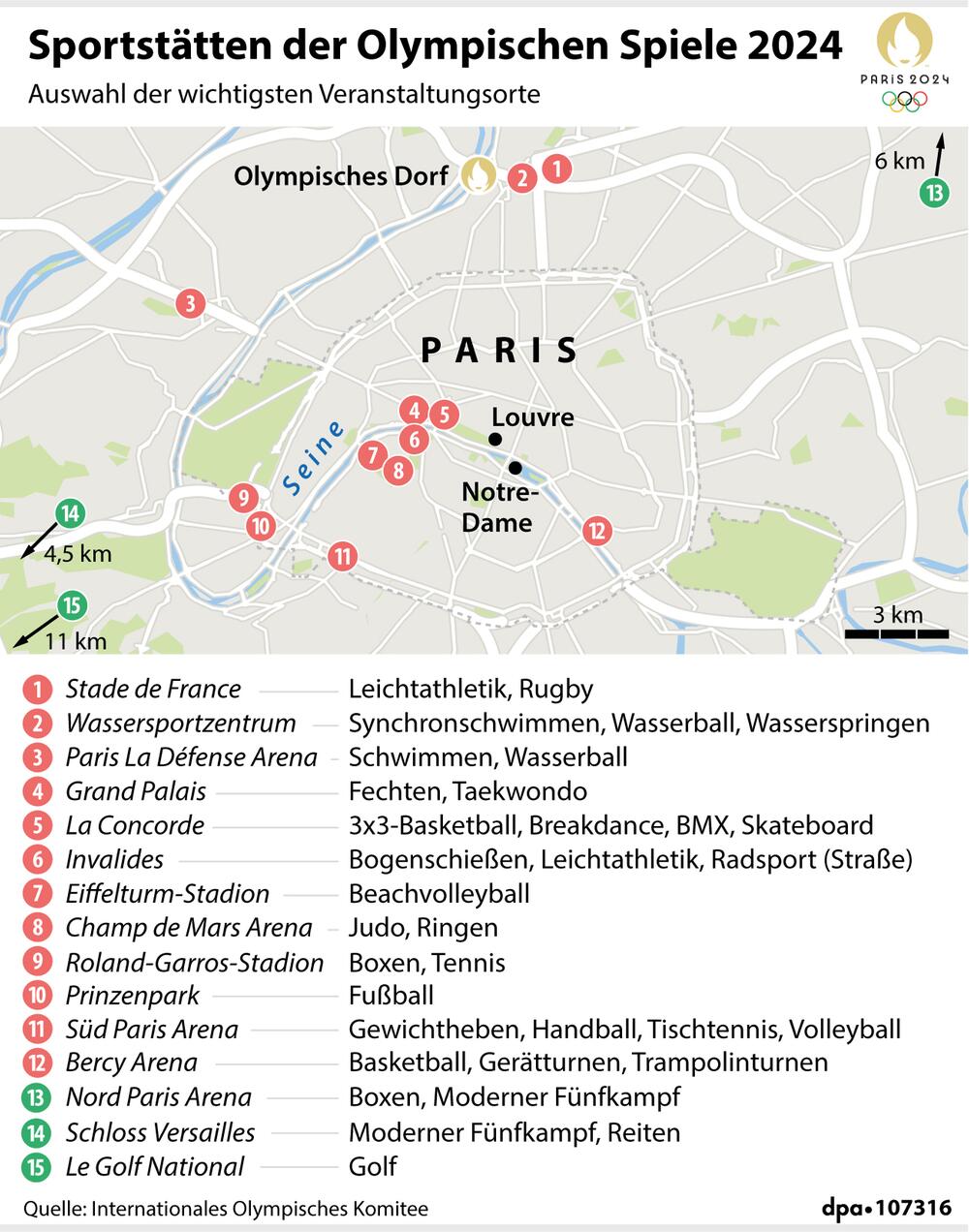 Grafik-Karte: Sportstätten der Olympischen Spiele in Paris