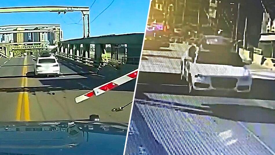 Zugbrücke öffnet sich: Verdächtiger springt mit gestohlenem Wagen über Lücke