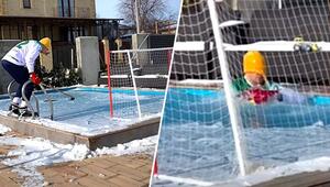 Eishockey auf zugefrorenem Pool – Training nimmt bitterkaltes Ende