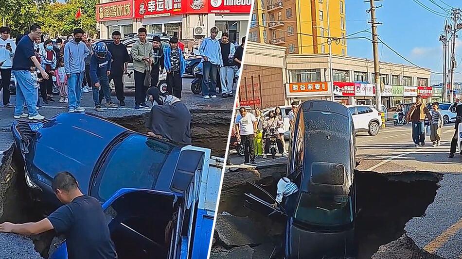 Strasse öffnet sich: Gigantisches Senkloch verschlingt Fahrzeuge in China