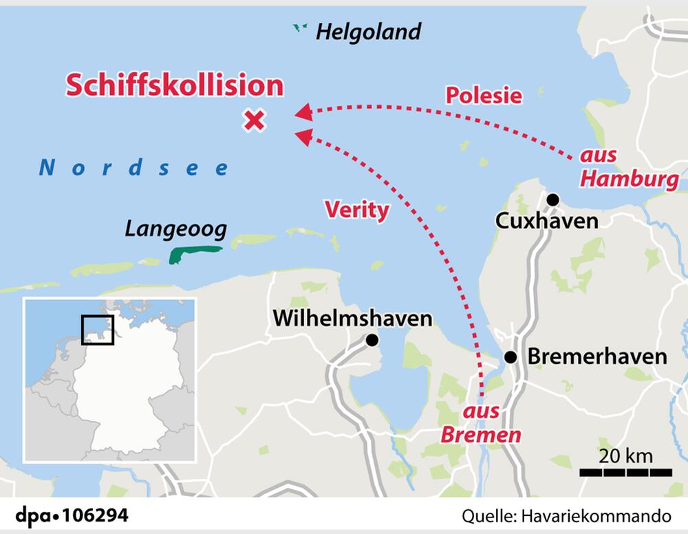 Verortung der Kollision zweier Frachter in der Nordsee